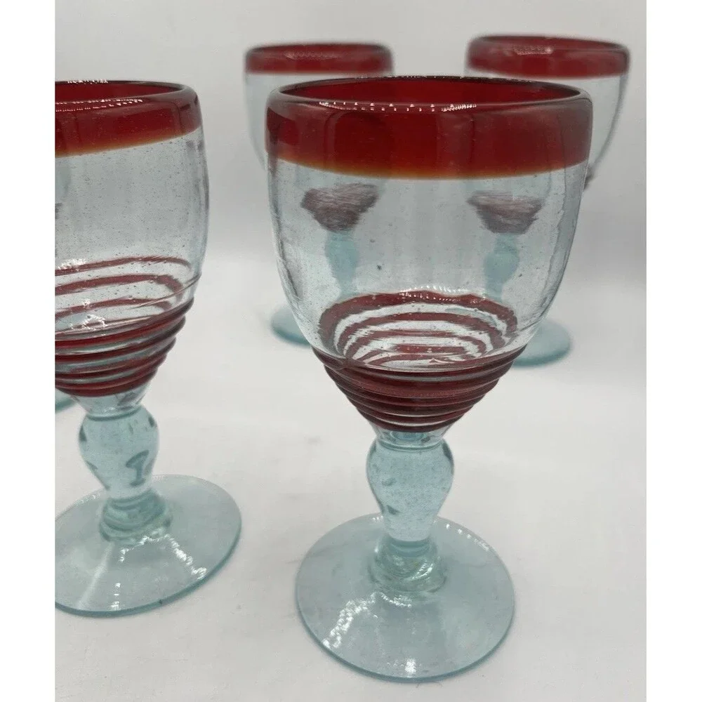 Mexican Hand Blown Art Glass Wine Goblets Set of 5 Red Rim Aqua Stem Swirl